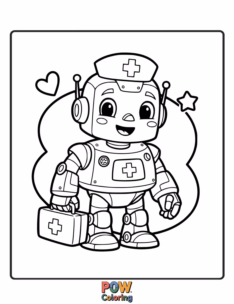 Free coloring page of A helpful robot nurse with blinking lights and gears, efficiently delivering care with a friendly, metallic smile.