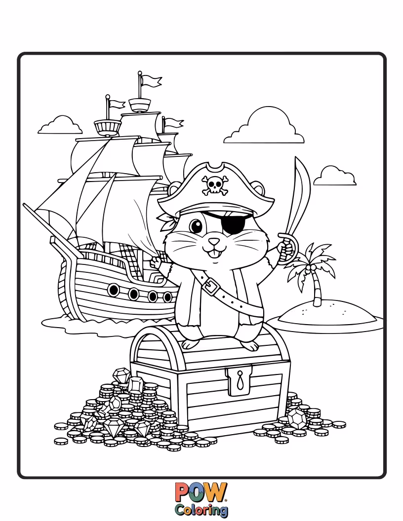 Free coloring page of A tiny, brave hamster pirate with a crumb for a treasure, looking ready for adventure.