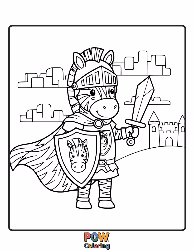Free coloring page of A valiant zebra in shining armor, ready to defend its castle with a friendly sword.