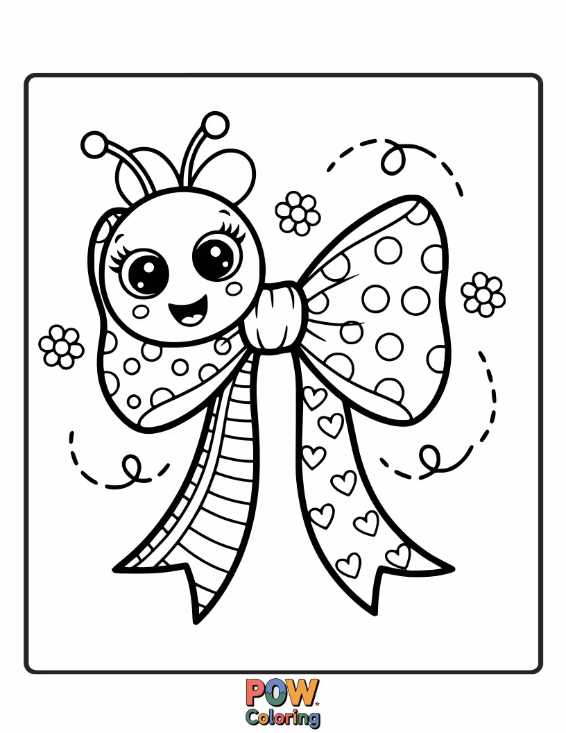 Free coloring page of A cheerful bow with buzzing bees collecting nectar from flowers, a sweet and industrious scene for coloring.