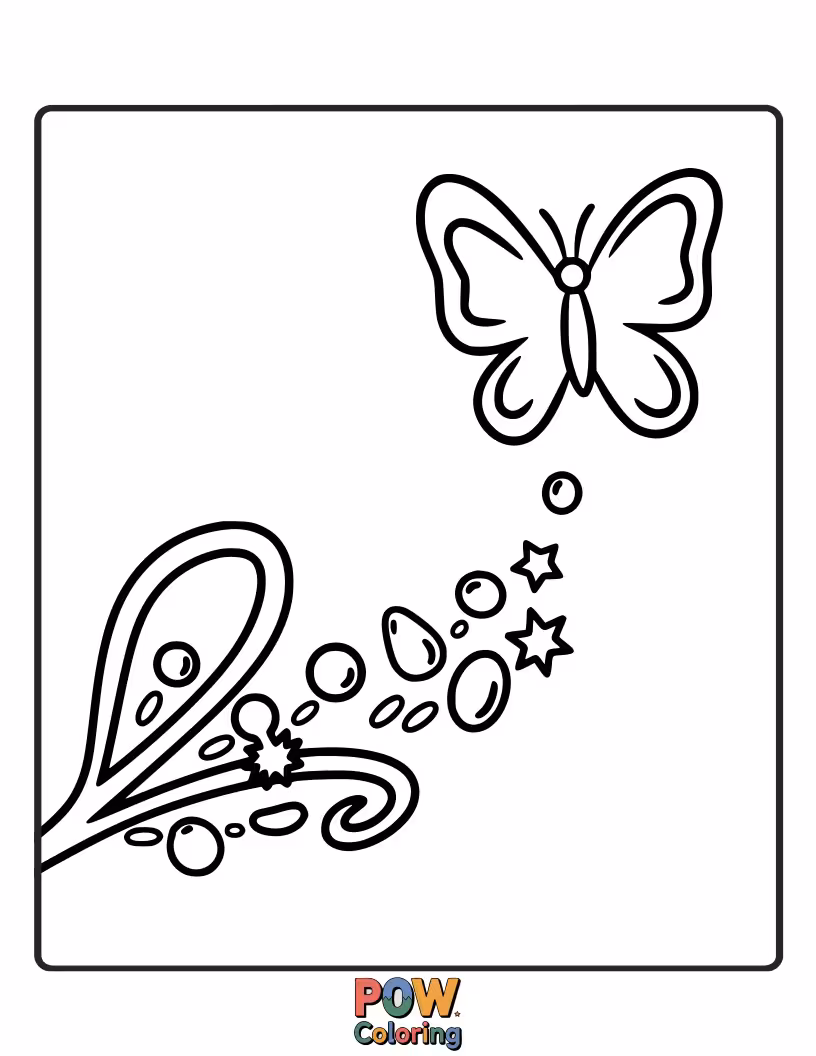 Free coloring page of Butterflies fluttering around flowers, leaving trails of glitter that form Easter egg shapes.