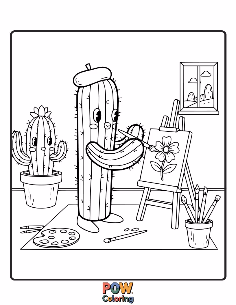 Free coloring page of A creative cactus with a paintbrush, creating a masterpiece on an easel.