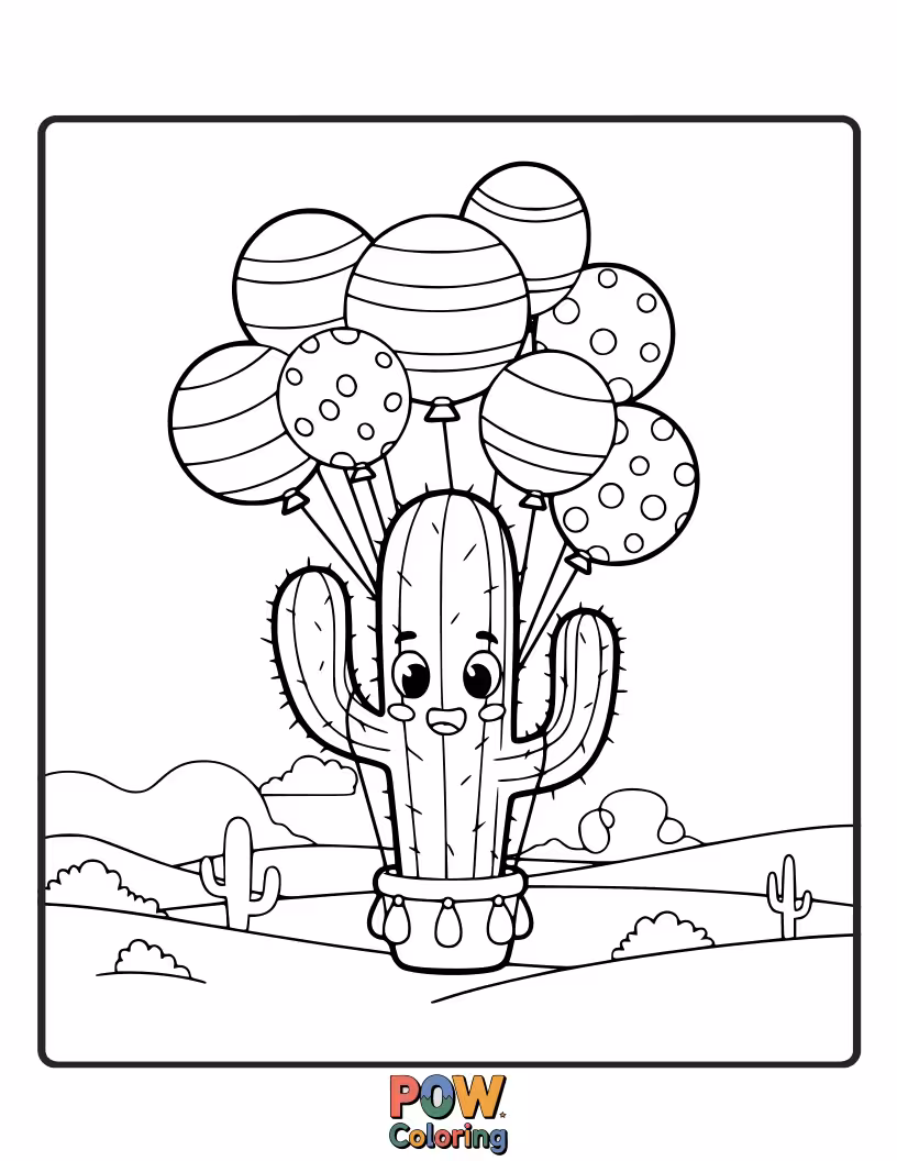 Free coloring page of A smiling cactus floating in the sky, holding onto a bunch of colorful balloons.