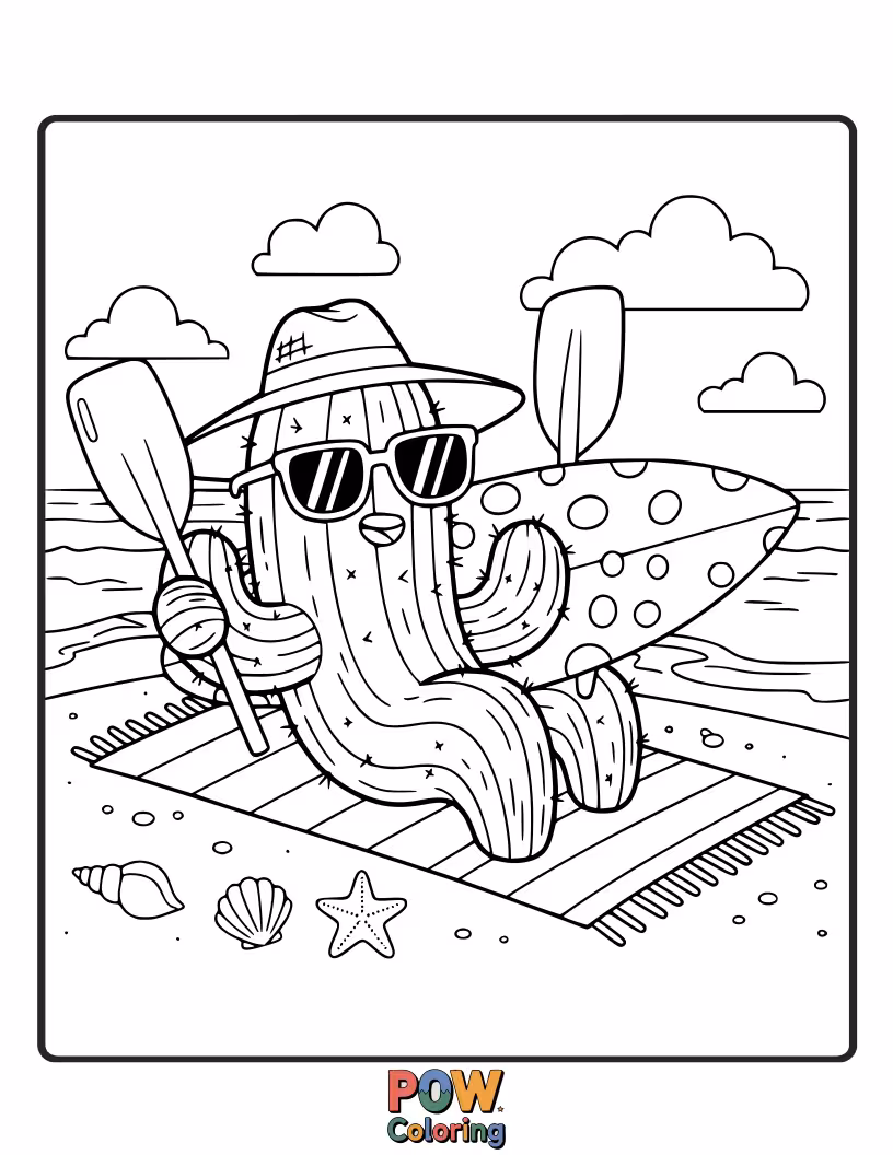Free coloring page of A relaxed cactus in sunglasses, lounging on a sandy beach with a tiny umbrella drink.