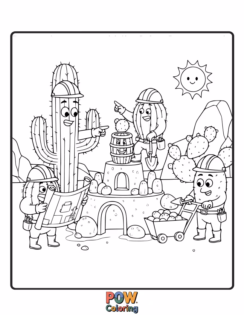 Free coloring page of A sturdy cactus leading a team, building a cool desert fort.