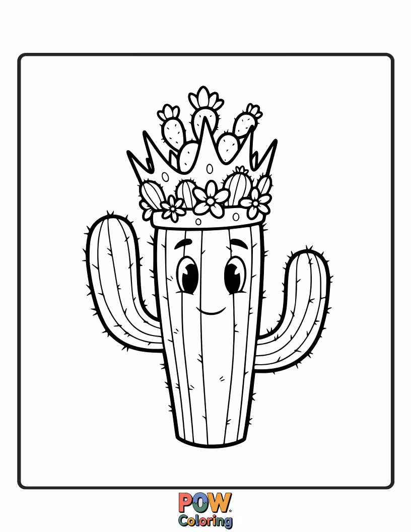 Free coloring page of A regal cactus wearing a golden crown, looking majestically down upon its kingdom of desert friends.