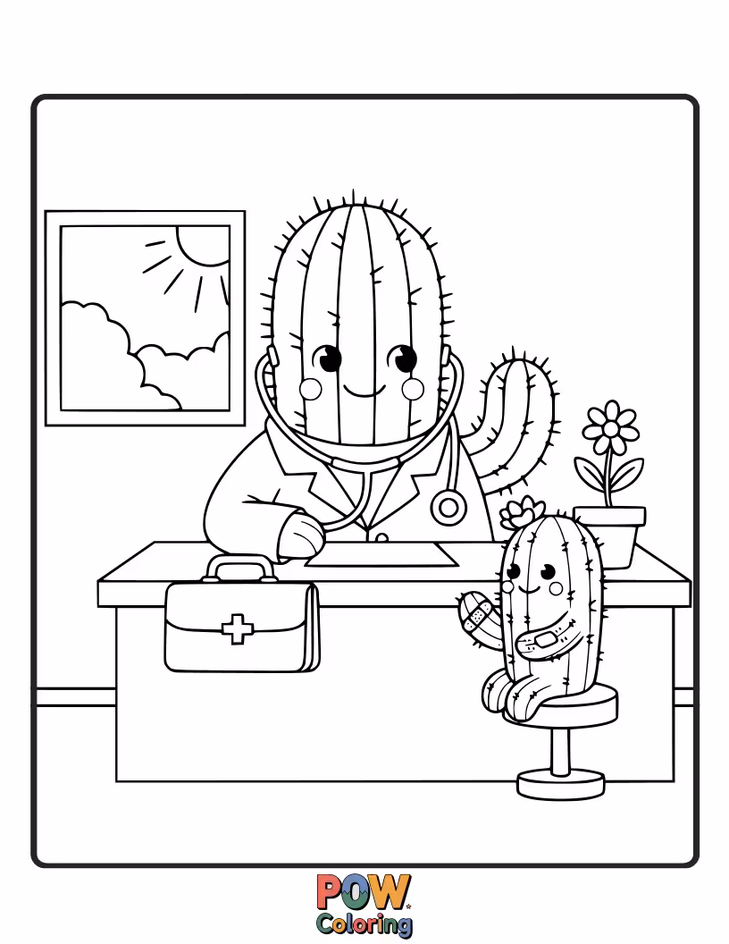 Free coloring page of A caring cactus dressed as a doctor, tending to a sick desert flower.