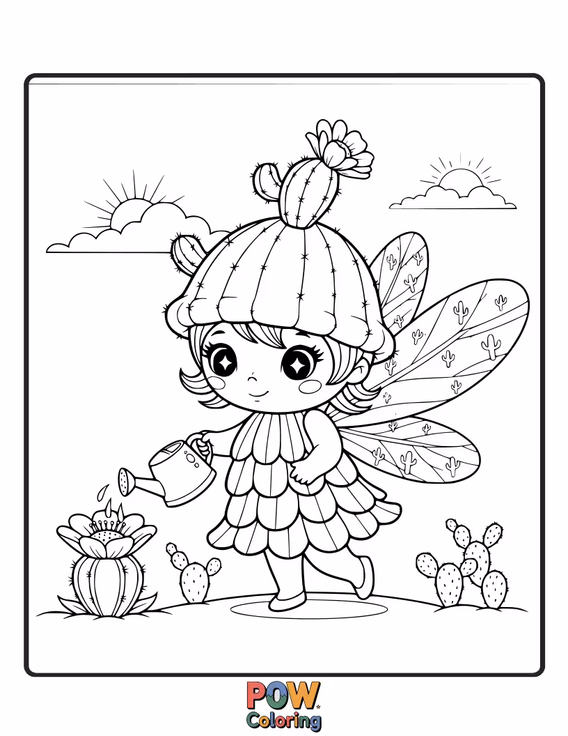 Free coloring page of A whimsical cactus with fairy wings, sprinkling magical dust in a garden.