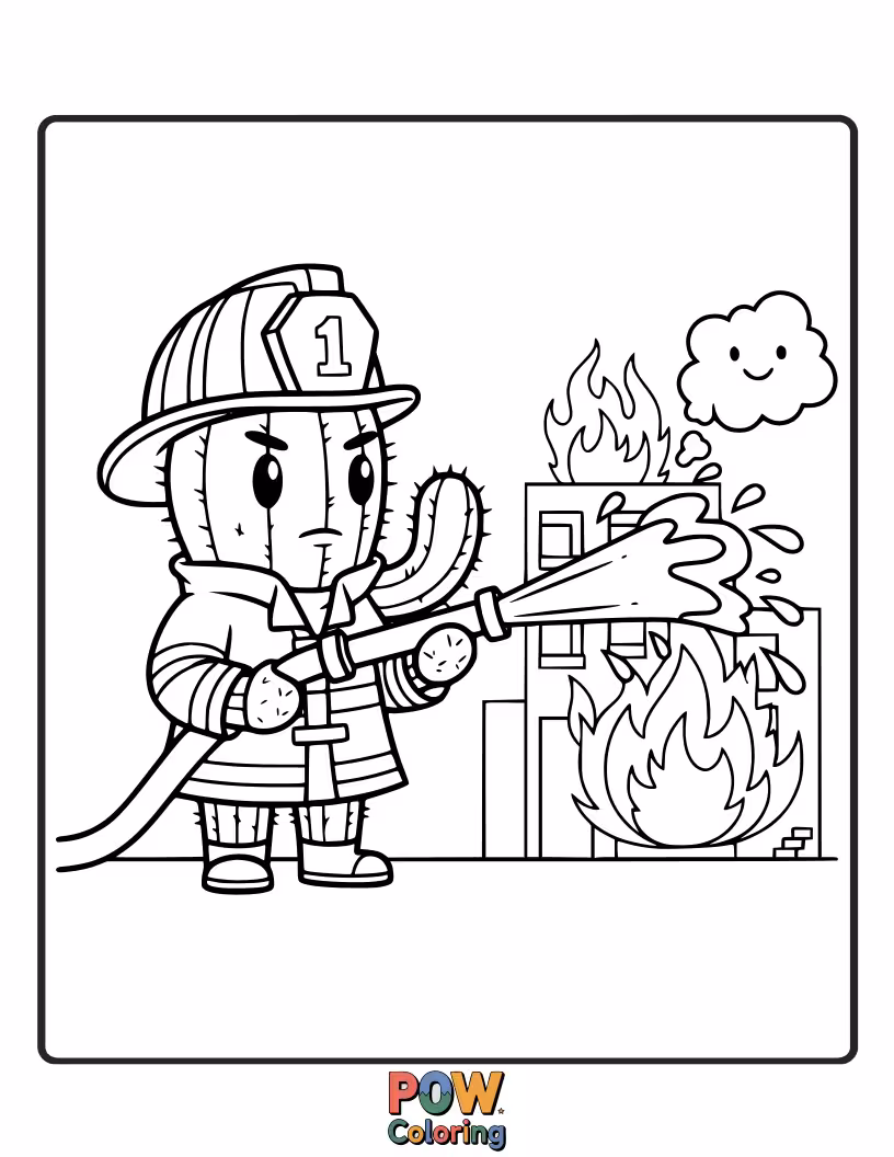 Free coloring page of A brave cactus in a firefighter's hat, ready to put out any desert fire.