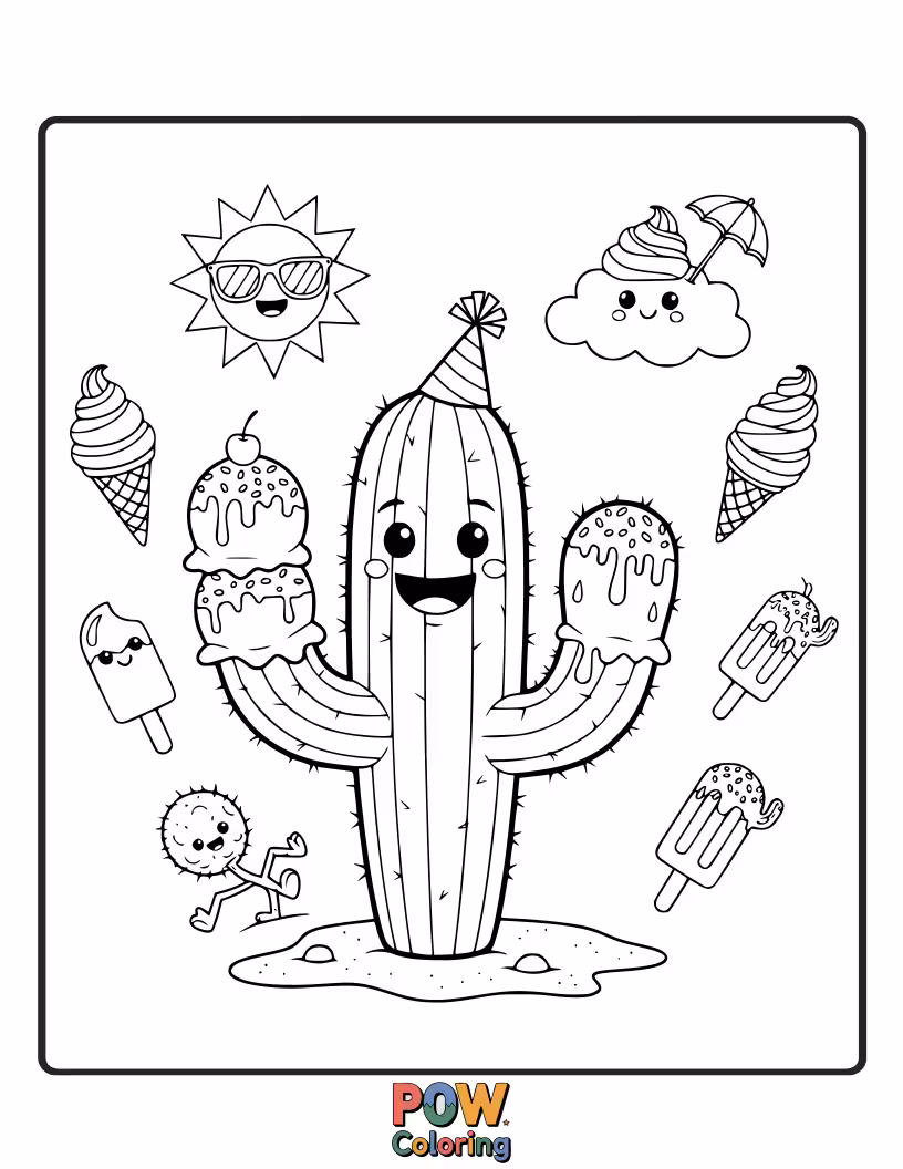 Free coloring page of A blissful cactus enjoying a giant, swirled ice cream cone on a hot day.