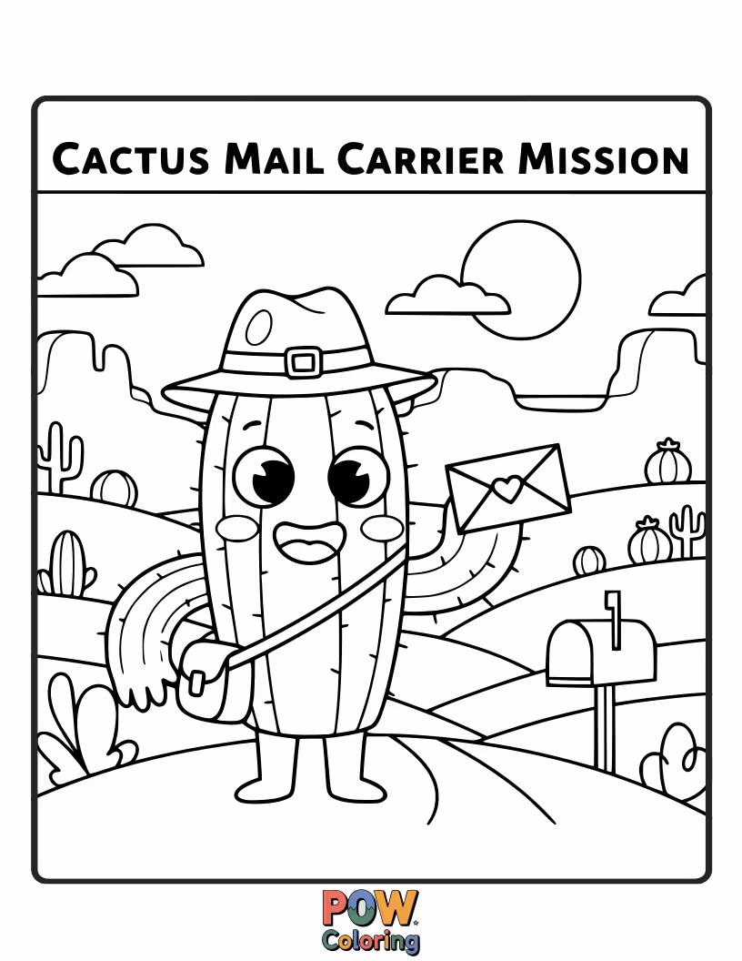 Free coloring page of A dedicated cactus delivering mail with a friendly smile and a mailbag.