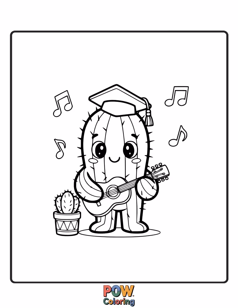Free coloring page of A focused cactus learning to play a new musical instrument with enthusiasm.