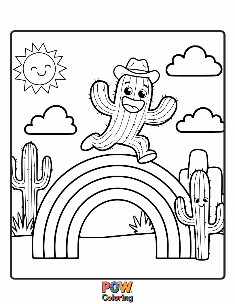 Free coloring page of A joyful cactus leaping over a vibrant rainbow, with a cheerful expression.