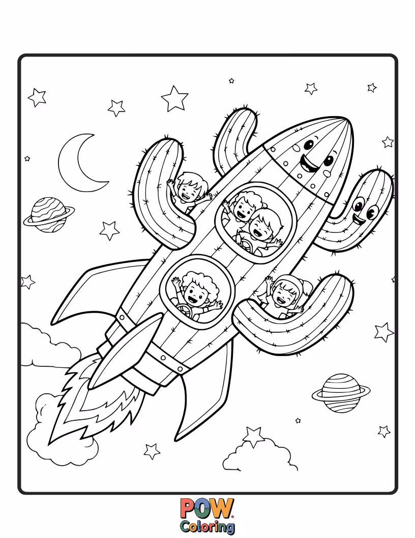 Free coloring page of A determined cactus piloting a cool rocket ship, blasting off into the cosmos.