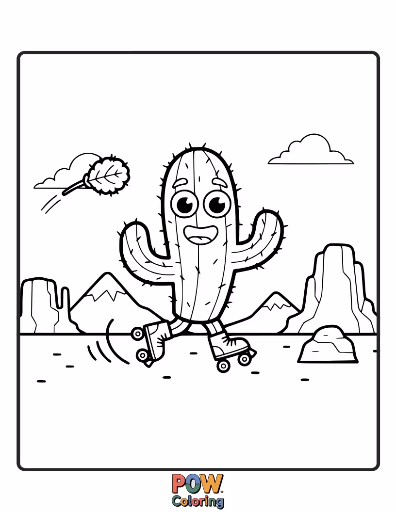 Free coloring page of A dynamic cactus gracefully gliding on roller skates, leaving a trail of sparkles.