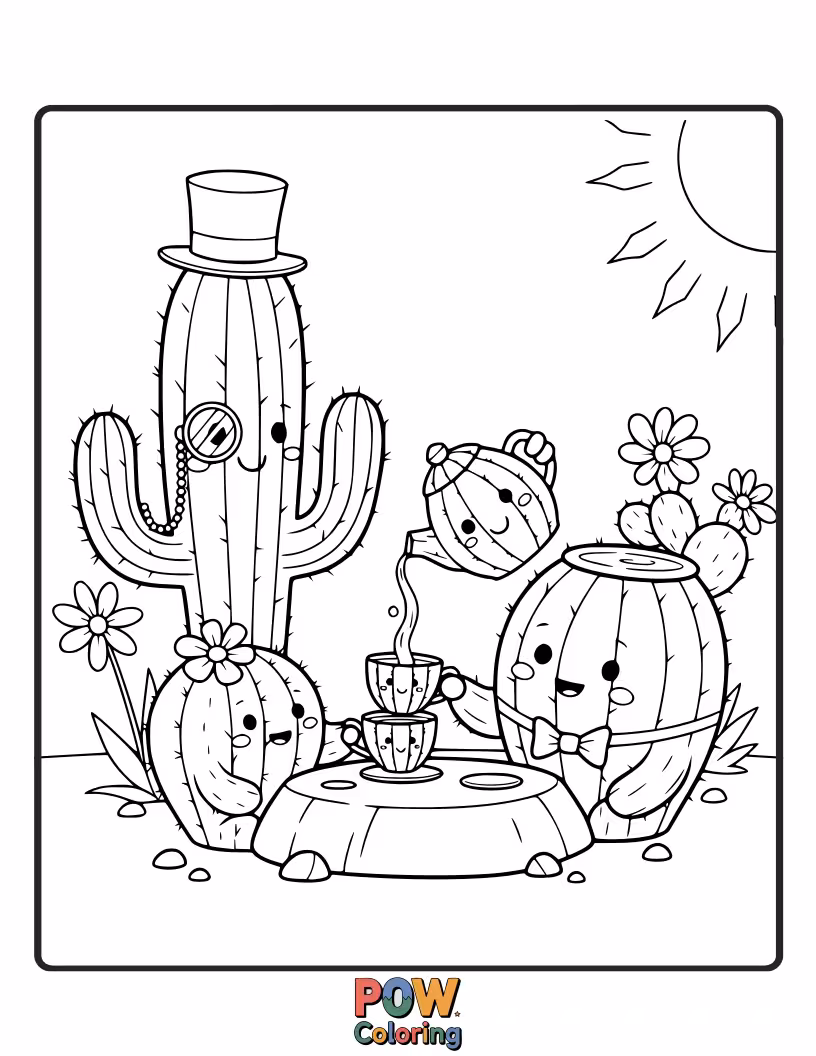 Free coloring page of A charming cactus hosting a delightful tea party with tiny teacups and cookies.
