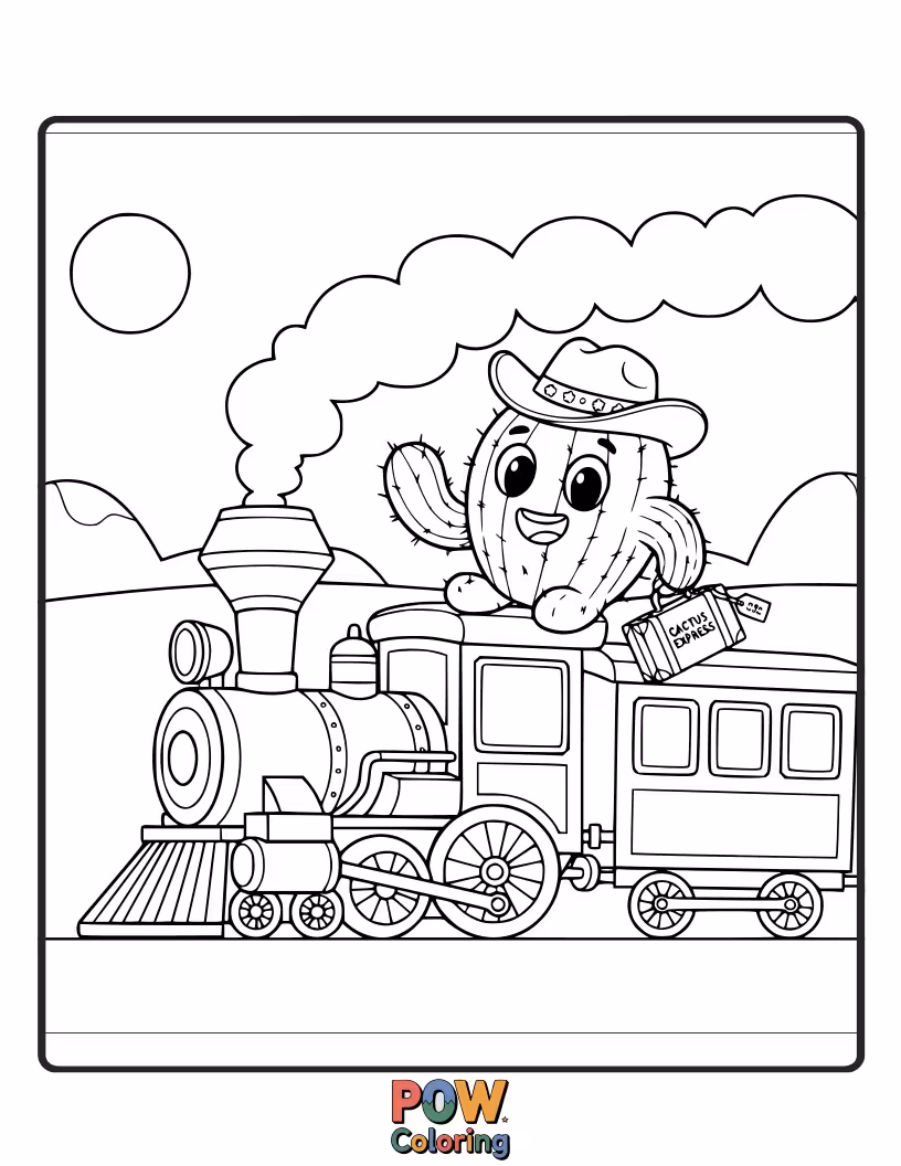 Free coloring page of A friendly cactus waving from the window of a charming desert train.