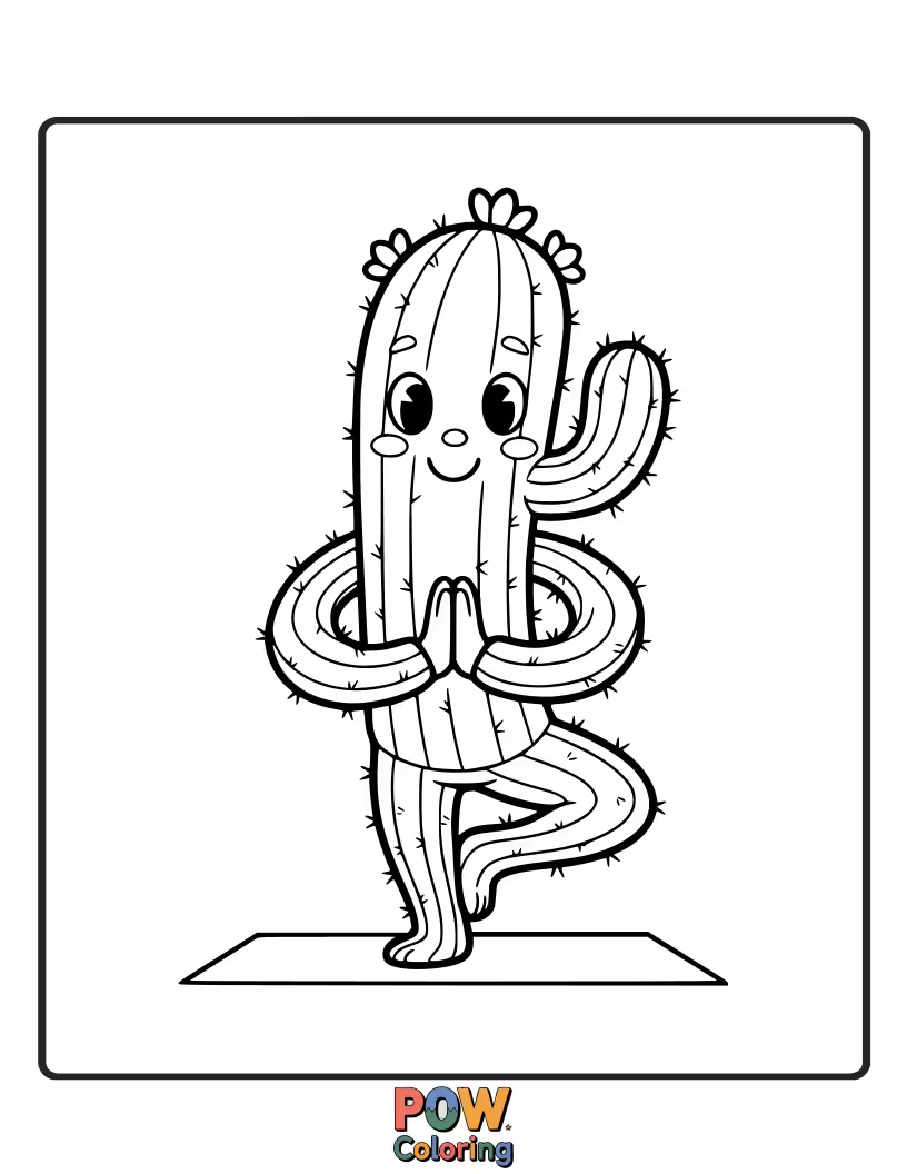 Free coloring page of A calm cactus gracefully holding a peaceful yoga pose, radiating serenity.