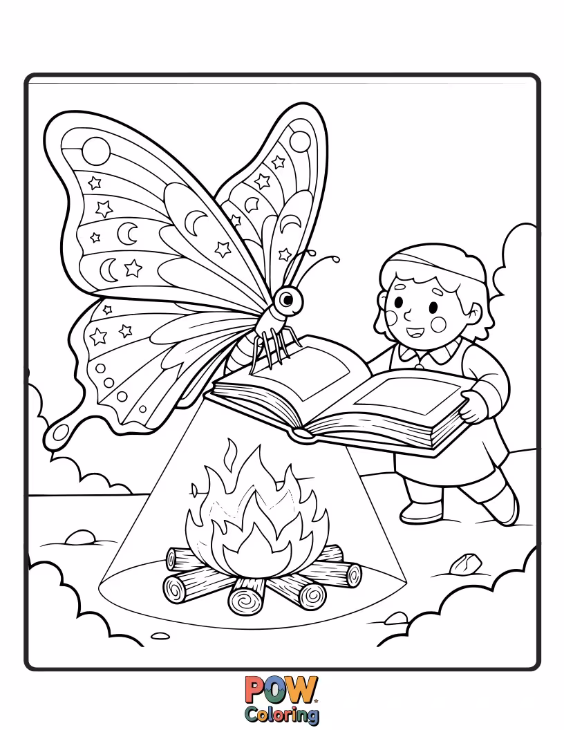 Free coloring page of A cozy butterfly with flame-patterned wings, telling a spooky story to a circle of friendly woodland creatures.