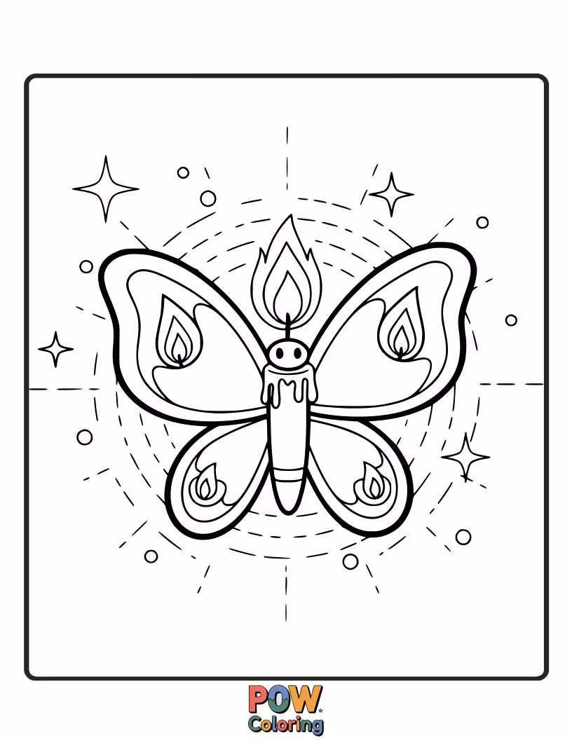 Free coloring page of A serene butterfly with soft candlelight wings, illuminating a peaceful forest scene with its warm, gentle light.