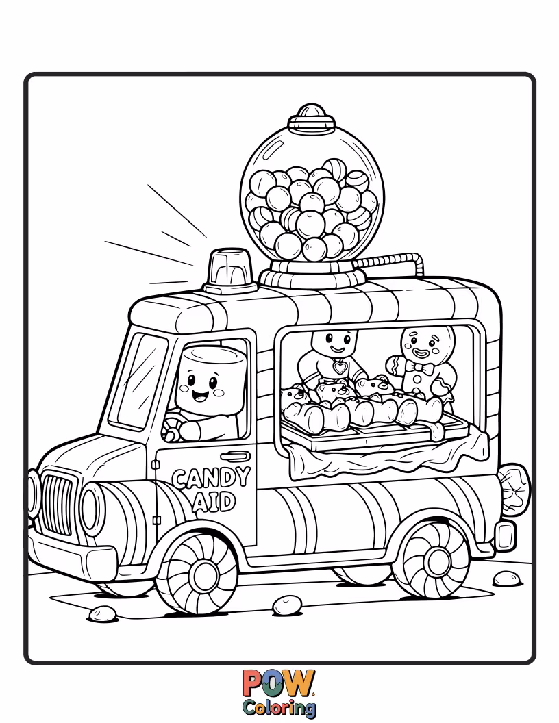 Free coloring page of A sweet ambulance made of gingerbread and candy canes, driving through a lollipop forest.