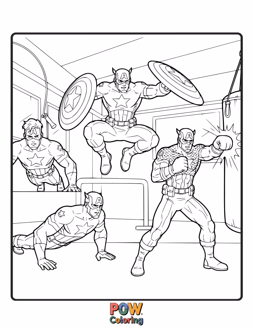 Free coloring page of Show Captain America in a dynamic training sequence, honing his combat skills and physical prowess. This image captures his dedication to self-improvement.