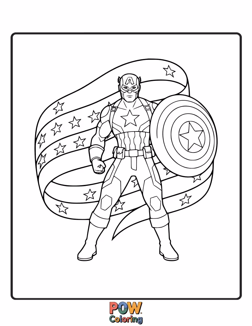 Free coloring page of Captain America stands beneath a large, shining star, symbolizing hope and his iconic imagery. This creates a celestial and inspiring scene.