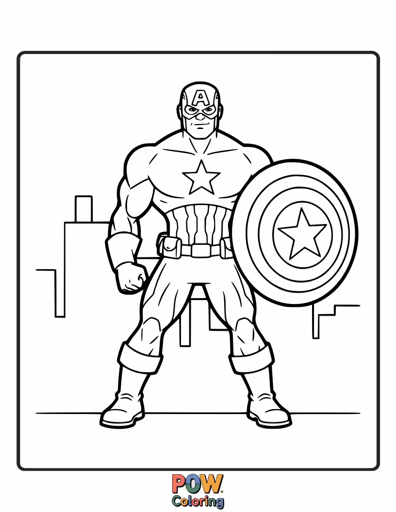 Free coloring page of Captain America stands with confidence and authority, his shield held at the ready. This image projects strength and unwavering presence.
