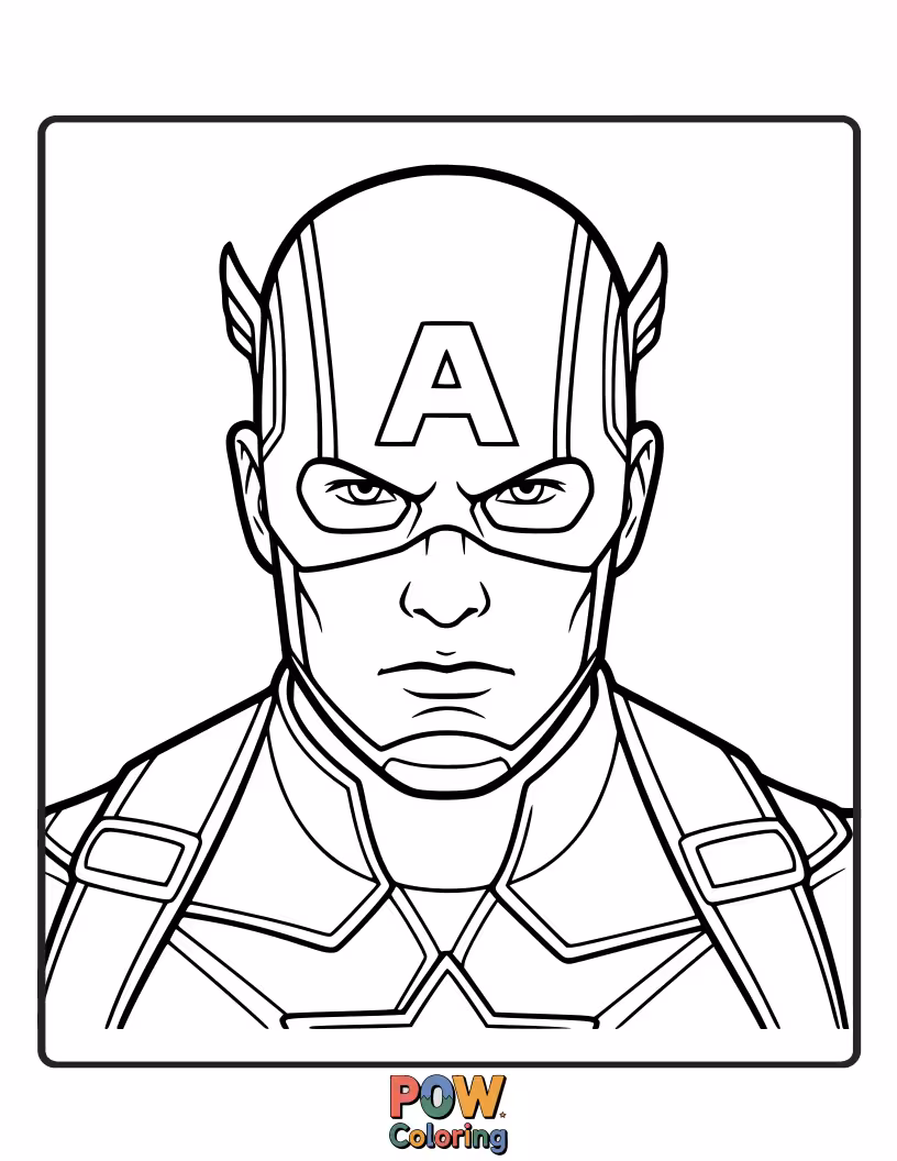 Free coloring page of Focus on the intense gaze of Captain America as he surveys the battlefield. This close-up highlights his steely resolve and leadership qualities.