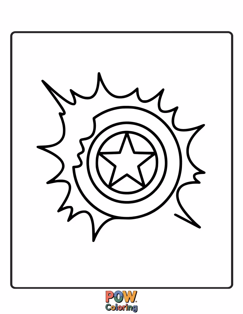 Free coloring page of Captain America's shield is depicted radiating energy, showcasing its mystical or technological power. This adds a fantasy element.