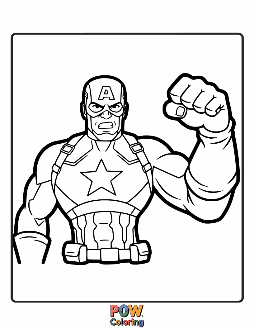 Free coloring page of Captain America celebrates a victory with a triumphant fist pump. This conveys his joy and the successful outcome of his efforts.
