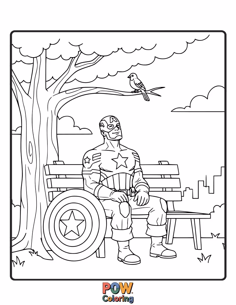 Free coloring page of A rare moment of quiet for Captain America, perhaps contemplating the future or reflecting on his journey. This offers a contrast to his usual action.