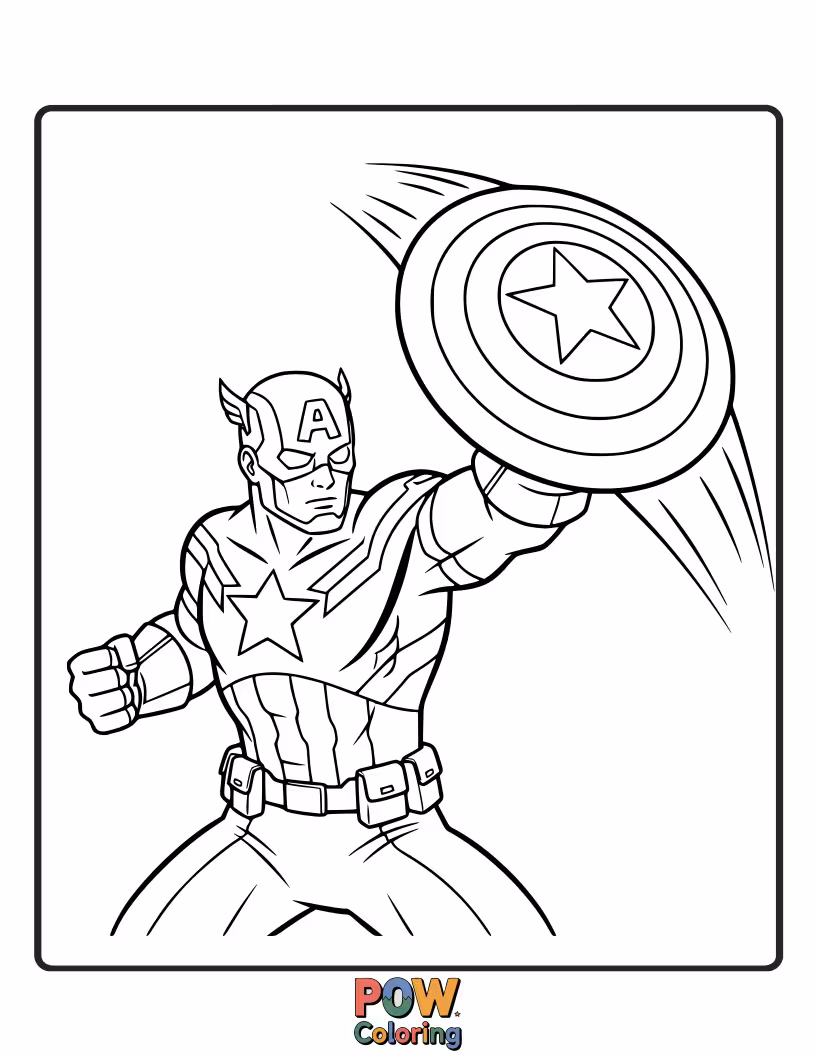 Free coloring page of Show the shield spinning through the air, with motion lines and a dynamic trajectory.