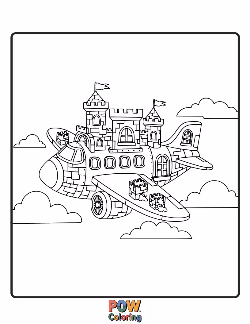Free coloring page of An airplane with turret wings and a drawbridge tail, soaring towards a majestic castle floating in the clouds.