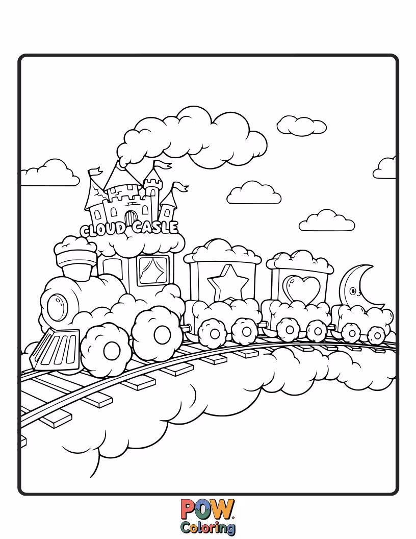Free coloring page of A train traveling towards a magnificent castle built entirely on a cloud. Dreamy colors for a fantastical destination.
