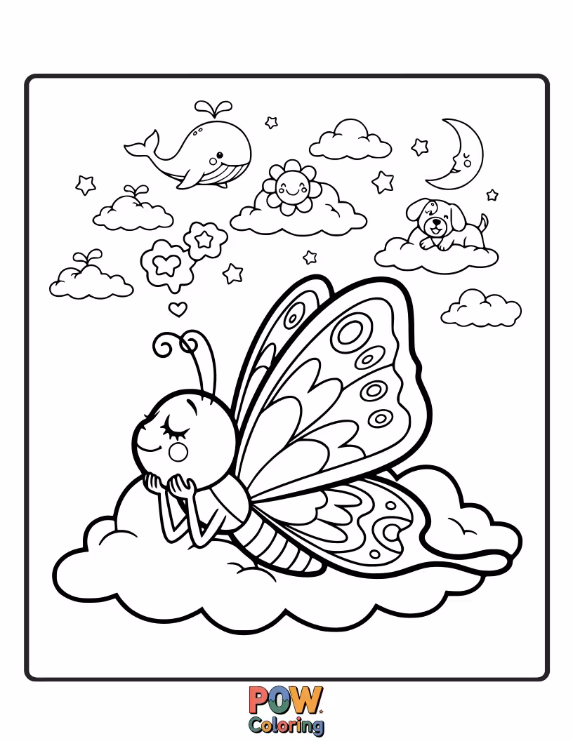 Free coloring page of A relaxed butterfly with fluffy cloud wings, lying on its back and spotting shapes in the sky. Dream on!