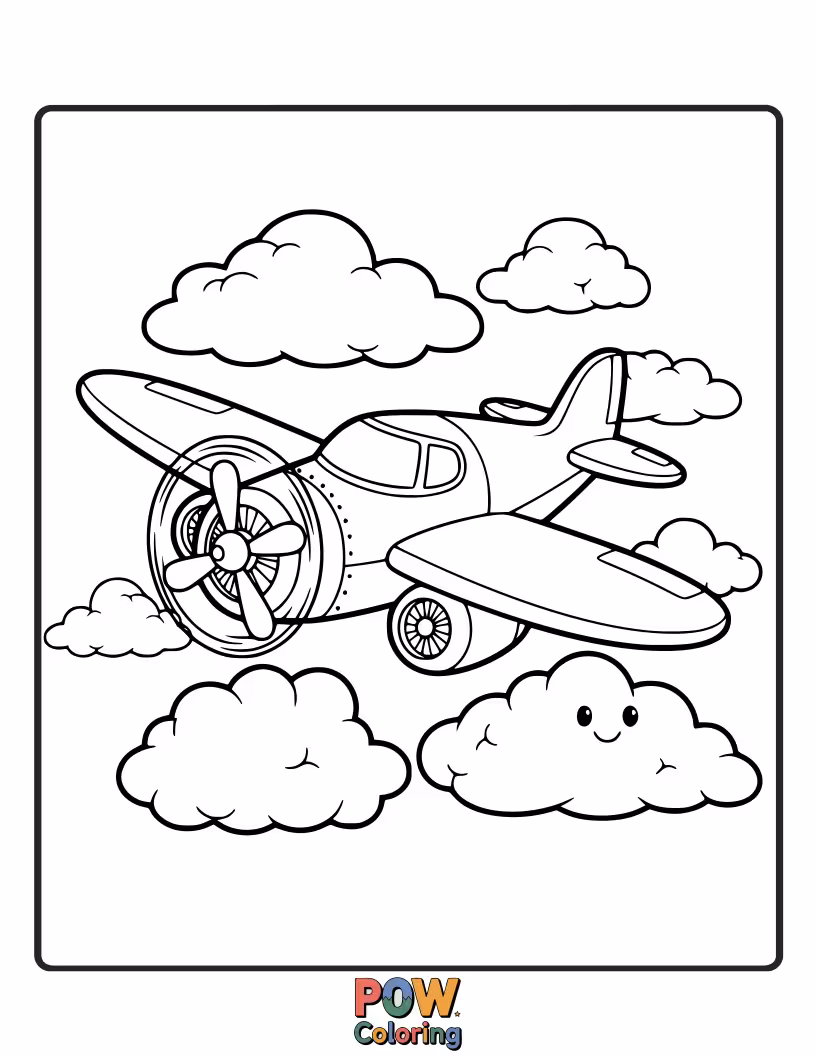 Free coloring page of A playful airplane is bouncing from cloud to cloud like a trampoline, with giggling passengers peeking out windows.