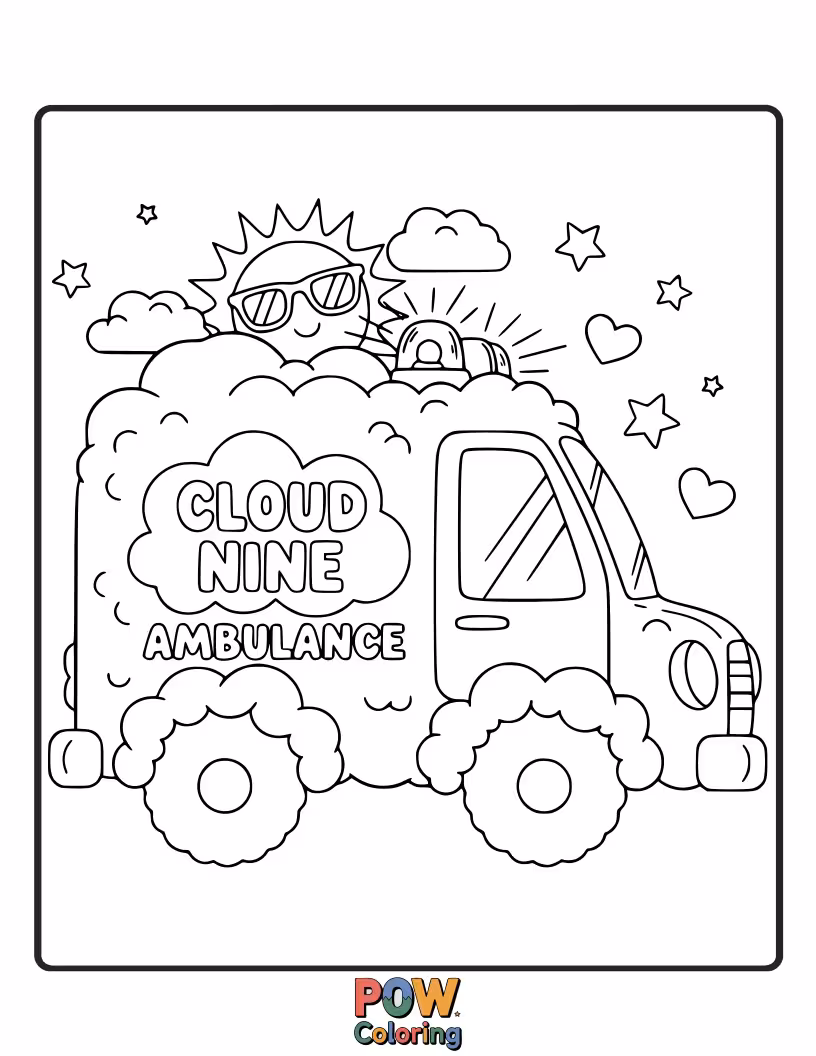 Free coloring page of An ambulance made of soft clouds, floating high in the sky, offering peaceful rides.