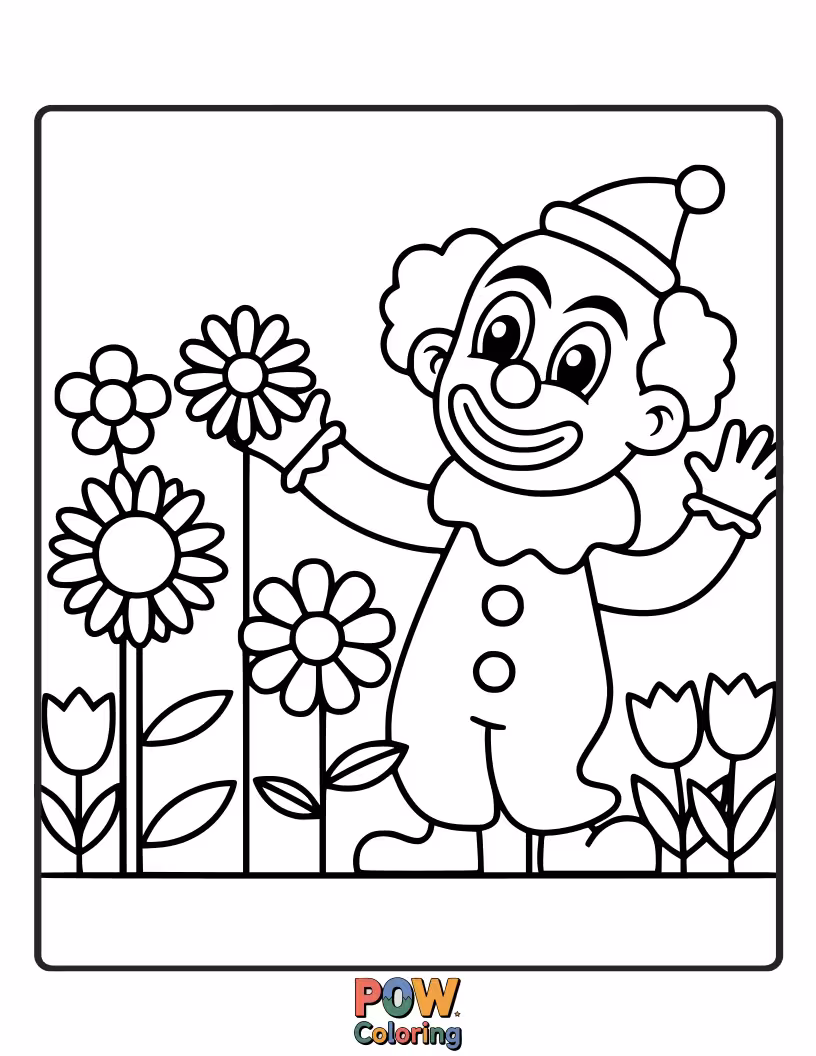 Free coloring page of A sweet clown tending to oversized, colorful flowers in a vibrant garden setting.