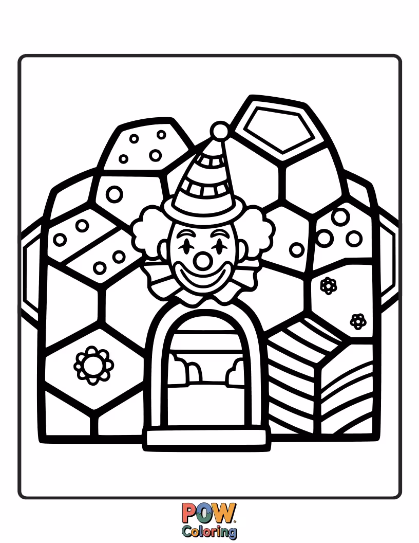 Free coloring page of A sweet clown living in a charming house shaped like a honeycomb, surrounded by bees.