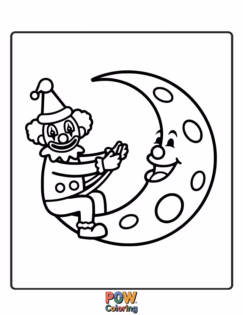Free coloring page of A sleepy clown riding a crescent moon through a starry night sky, a dreamy scene.