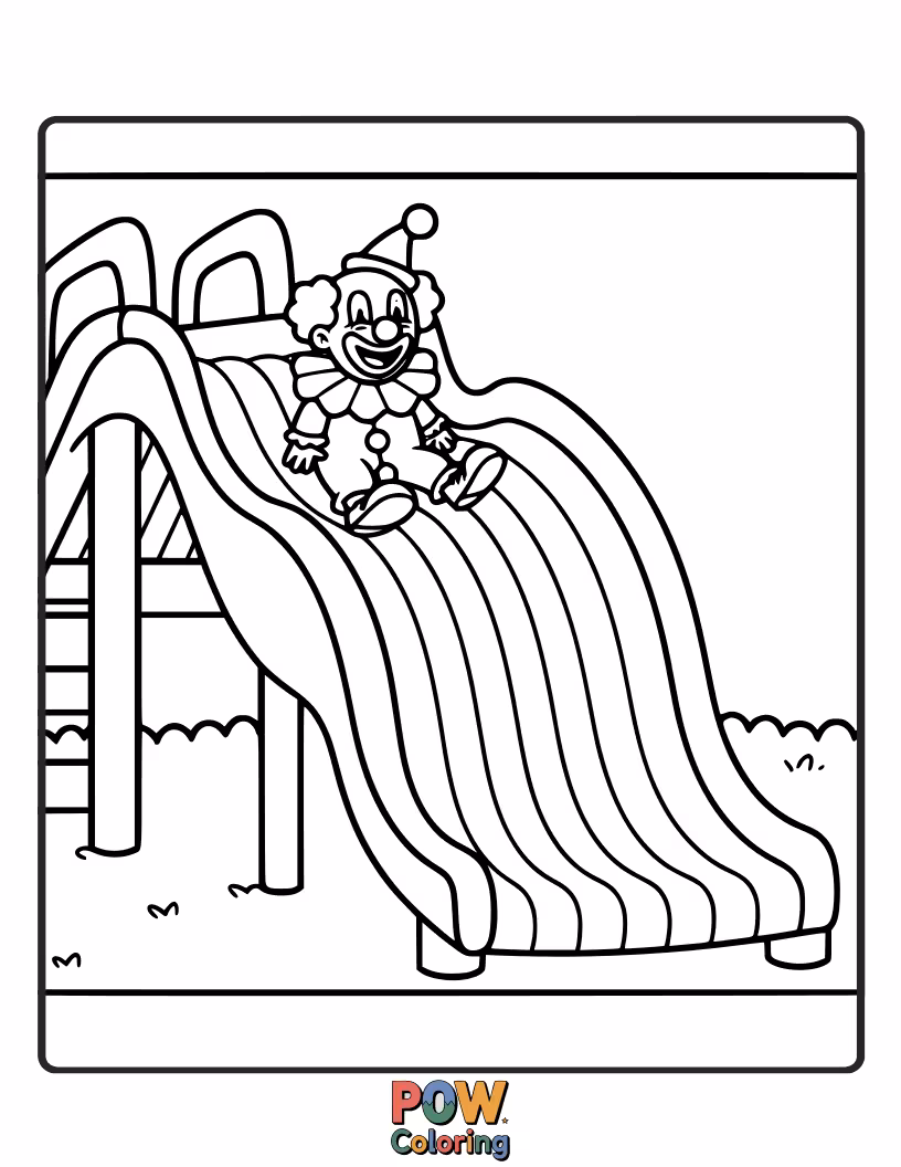 Free coloring page of A gleeful clown sliding down a vibrant rainbow, creating a path of color.