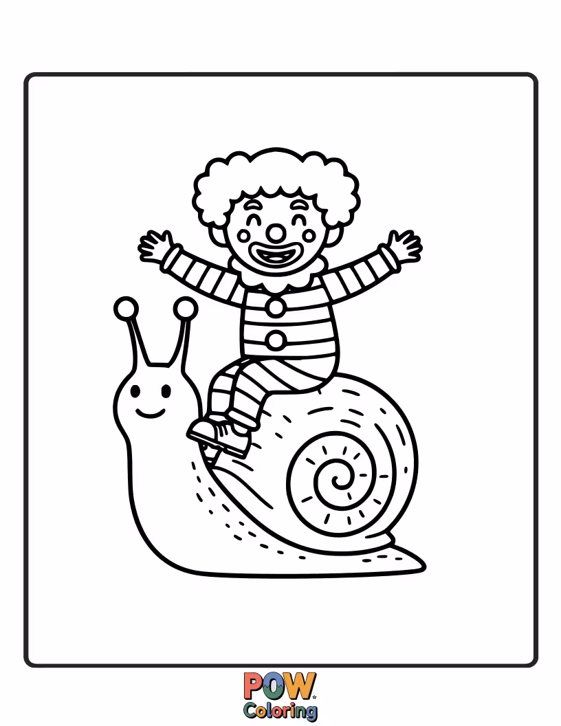 Free coloring page of This gentle clown is taking a leisurely ride on the back of a giant, friendly snail.