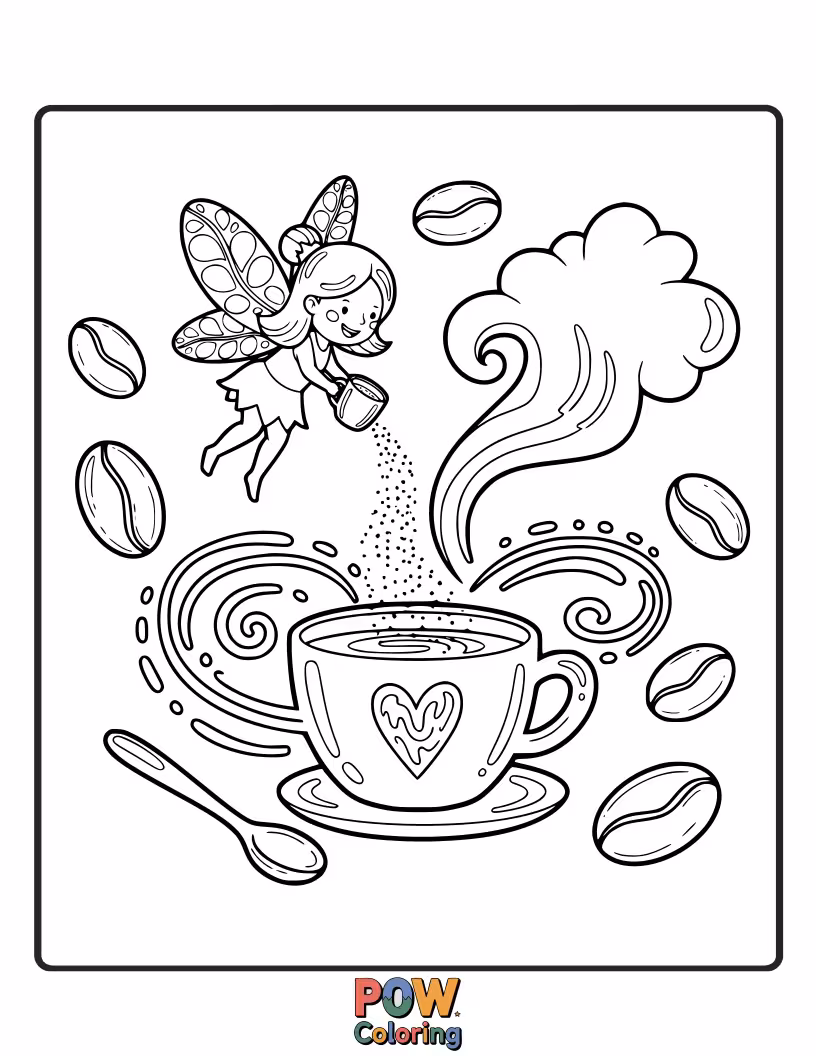 Free coloring page of A tiny fairy sprinkling coffee bean dust over a sleeping flower.