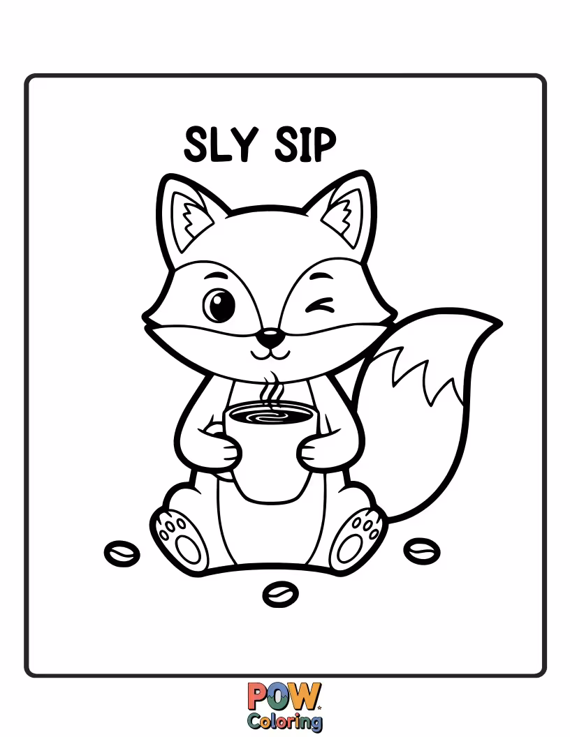Free coloring page of A cunning fox with a sly grin, savoring a secret stash of coffee beans.