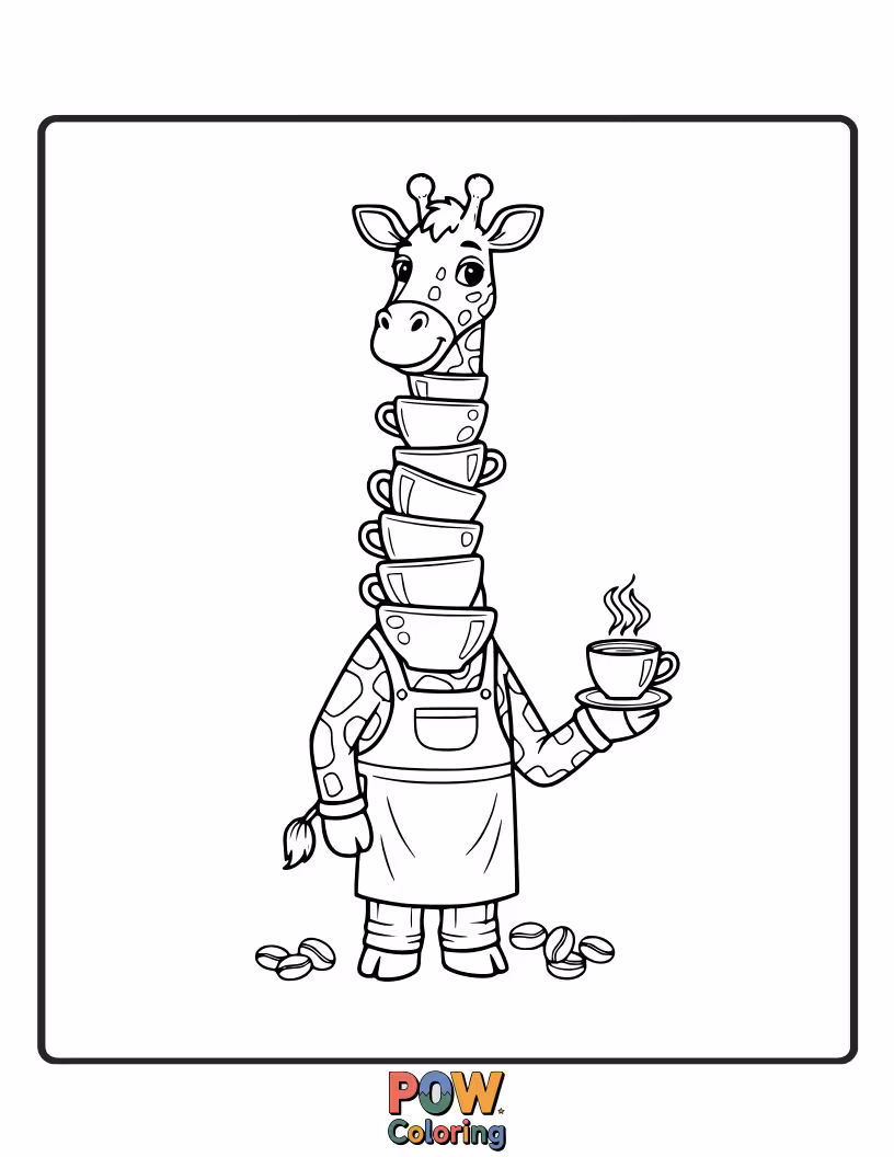 Free coloring page of A giraffe with a long neck reaching for a coffee cup on a high shelf.