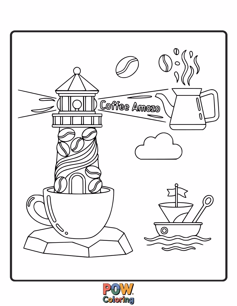 Free coloring page of A lighthouse with a coffee cup beam, guiding ships through the morning fog.