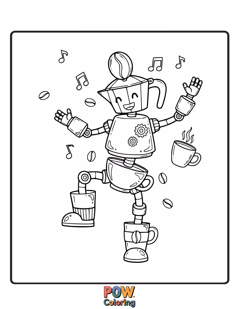 Free coloring page of A lively robot busting a move while holding a coffee cup.
