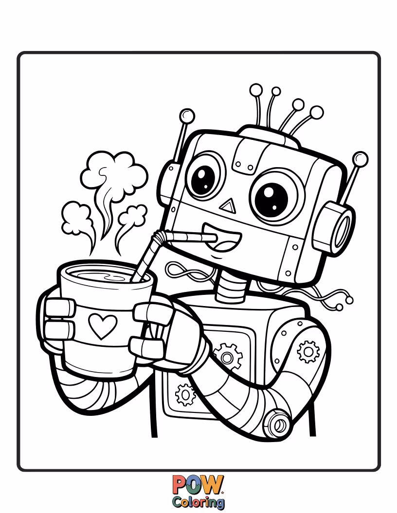 Free coloring page of A quirky robot enjoying a cup of coffee with a satisfied whir.