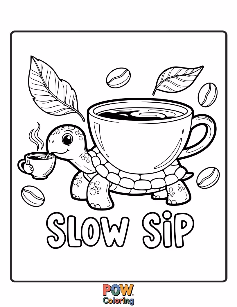 Free coloring page of A slow and steady turtle enjoying a peaceful morning coffee.